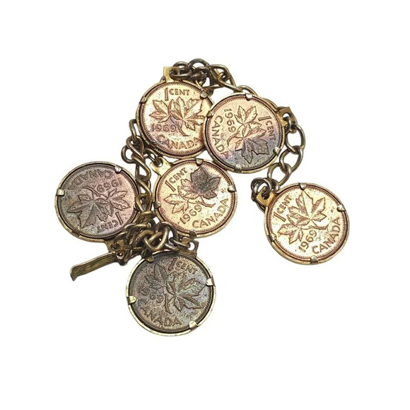 Canada 1969 1 Cent Coin Charm Chain Bangle Bracelet Gold Tone Vintage - Picture 7 of 8